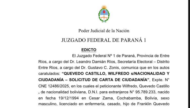 EDICTO QUEVEDO CASTILLO, WILFREDO